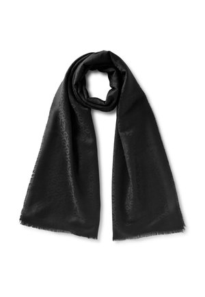 Schwarzer rechteckiger Schal mit dezent gemusterter Textur, leichtem Stoff und Fransen an den Kanten, locker gefaltet mit einem Ende in einer Schlaufe.