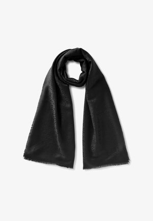 Schwarzer rechteckiger Schal mit dezent gemusterter Textur, leichtem Stoff und Fransen an den Kanten, locker gefaltet mit einem Ende in einer Schlaufe.