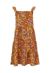 Bloemrijke zonnekleed met gerimpelde bandjes, elastische halslijn en gelaagde rok. Kenmerkt zich door een oranje achtergrond met gele en paarse bloemenpatronen.