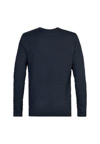 Granatowy sweter o prążkowanej fakturze, okrągłym dekolcie i długich rękawach. Posiada poziome paski i dopasowane mankiety.