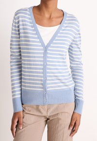 Světlomodrý pruhovaný cardigan s V-výstřihem, zapínáním na knoflíky, žebrovaným lemem a manžetami, vyrobený z měkké látky. Nosený přes bílý top.