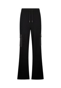 Pantalon noir à jambes larges avec taille à cordon et poches cargo à rabat sur chaque cuisse, présenté sur fond blanc.