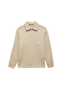 Beżowy sweter z pół-zamkiem, długimi rękawami i kieszenią z przodu. Wykonany z miękkiego materiału o gładkiej fakturze i minimalistycznym designie.