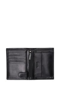 Black leather wallet with multiple card slots, a zippered compartment, and a textured finish. Features a snap closure and embossed logo.