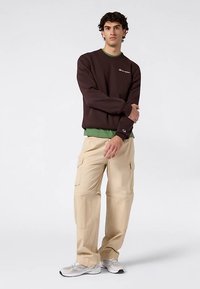 Bruine sweatshirt gedragen over een groen shirt met ronde hals, gecombineerd met beige cargobroek. Voorzien van lange mouwen, zijzakken en sneakers.