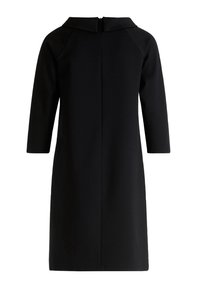 Svart, knälång klänning med en strukturerad krage, trekvartslånga ärmar och en dragkedja bak. Slät textur med minimala sömnadsdetaljer.