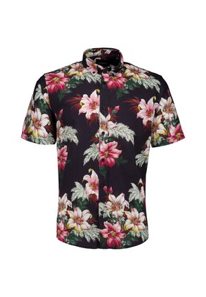 Schwarzes kurzärmeliges Hemd mit Knöpfen und großem Muster aus pinken und weißen tropischen Blumen sowie grünen Blättern.