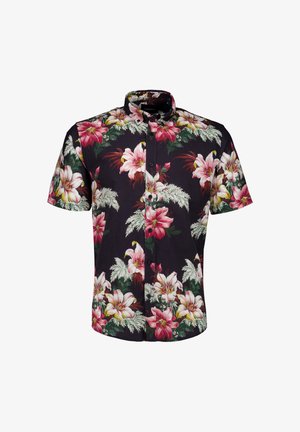 Schwarzes kurzärmeliges Hemd mit Knöpfen und großem Muster aus pinken und weißen tropischen Blumen sowie grünen Blättern.