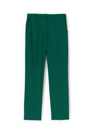 Tmavě zelené kalhoty na míru s poutky na pásek, bočními kapsami a předním záhybem, položeny na bílém pozadí.