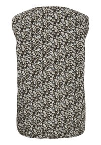 Kamizelka bez rękawów z pikowanego materiału na ciemnym tle z gęstym białym i beżowym wzorem kwiatowym, widok z tyłu.