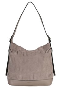 Beige hobo-laukku mokkanahkaa, jossa pystysuorat hapsut, pehmeä tekstuuri ja kontrastivärinen musta olkahihna. Laukussa on sileä nahkapohja.