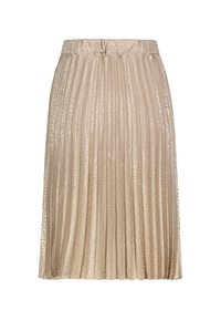 Plissierter knielanger Rock in hellem Beige mit feinem Muster, ausgestattet mit einem gerafften Taillenbund und glattem, strukturiertem Stoff.