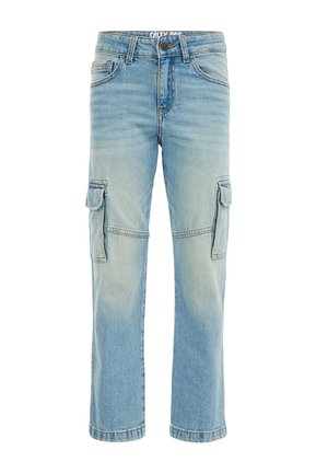 Hellblaue Denim-Cargohosen mit vorderer Knopfleiste, Gürtelschlaufen, seitlichen Klappentaschen und geradem Bein.