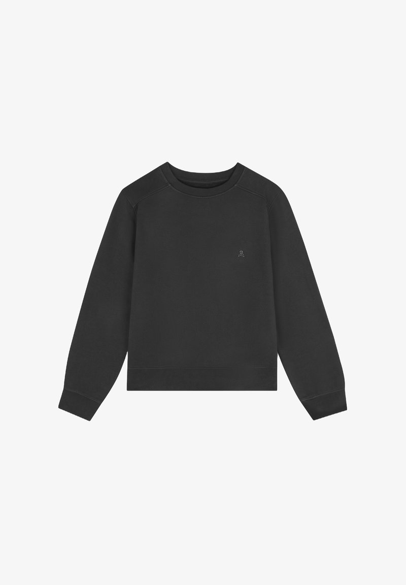 Schwarzer Pullover mit Rundhalsausschnitt, langen Raglanärmeln, gerippten Bündchen und Saum. Kleines Logo auf der Brust; aus weichem Baumwollmaterial gefertigt.