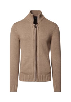 Beżowy sweter z suwakiem, z kołnierzem stojącym, ściągaczami przy mankietach i u dołu, z teksturowanym dzianinowym materiałem oraz kieszeniami bocznymi. Prosty i dopasowany krój.