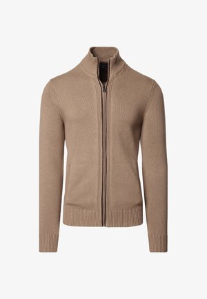 Beżowy sweter z suwakiem, z kołnierzem stojącym, ściągaczami przy mankietach i u dołu, z teksturowanym dzianinowym materiałem oraz kieszeniami bocznymi. Prosty i dopasowany krój.