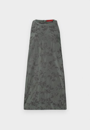 Vestido cinza sem mangas com bordado floral, decote redondo e fecho de zip nas costas. Textura suave e comprimento até ao joelho.