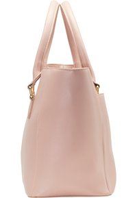 Sac cabas en cuir rose à texture lisse, avec deux poignées et une forme structurée. Présente un léger rétrécissement vers la base.