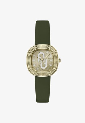 Montre dorée avec un boîtier carré présentant une lunette texturée et des aiguilles blanches. Le bracelet en silicone vert apporte flexibilité et confort.