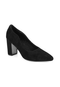 Pantofii cu toc înalt din velur negru, cu vârf ascuțit și toc pătrat. Partea superioară texturată și căptușeala interioară netedă. Prezintă un design elegant și discret.