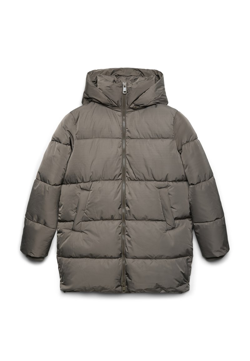 Giacca a vento grigia con cappuccio, caratterizzata da una cerniera frontale, due tasche laterali e un design trapuntato con una texture liscia e lucida.