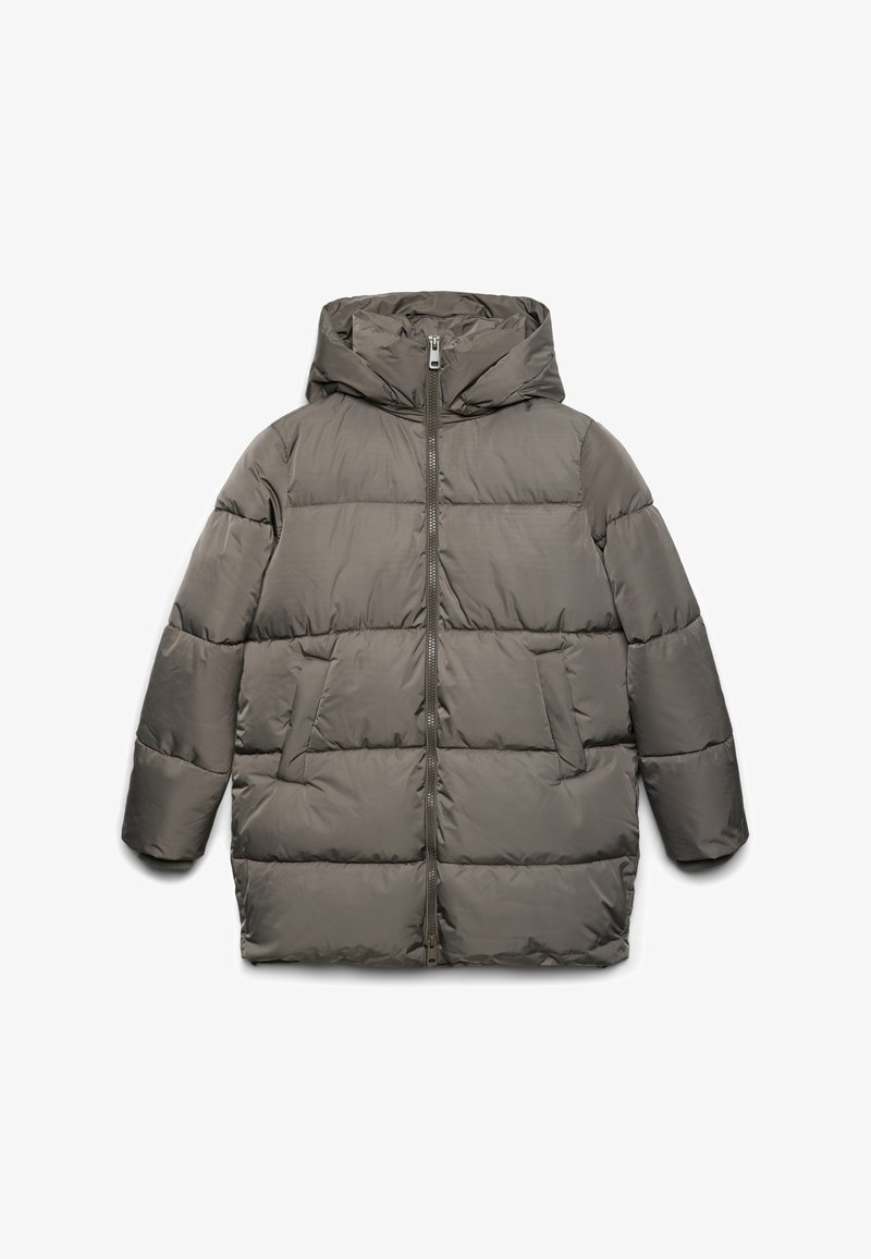 Graue Daunenjacke mit Kapuze, ausgestattet mit einem Frontreißverschluss, zwei seitlichen Taschen und einem gesteppten Design mit einer glatten, glänzenden Textur.