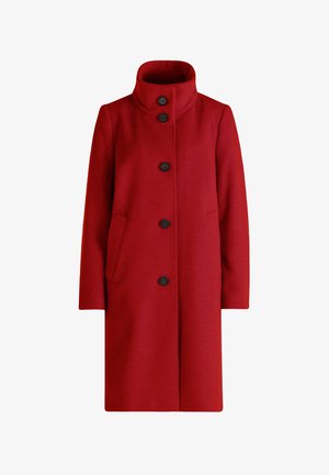 Rode wollen jas met hoge kraag, vijf zwarte knopen aan de voorkant, lange mouwen en zijzakken.