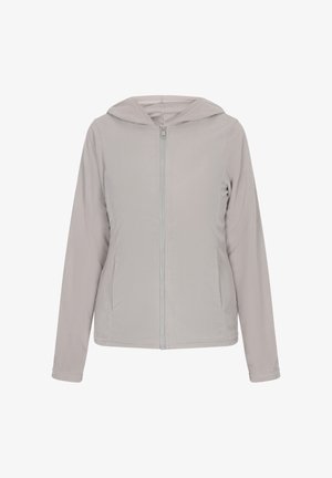 Harmaa fleece-takki, jossa on vetoketju, huppu, pitkät hihat ja sivutaskut. Ominaisuuksina on sileä rakenne ja minimalistinen muotoilu.
