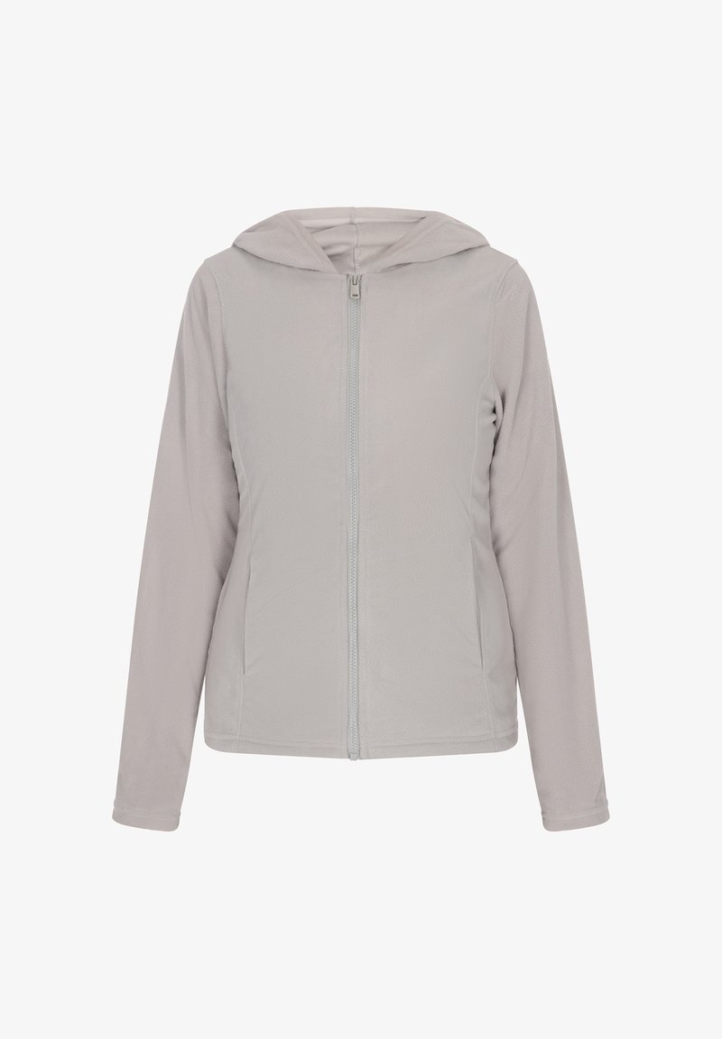 Light grey fleece jacket with a zipper, hood, long sleeves, and side pockets. Features a smooth texture and minimalist design.