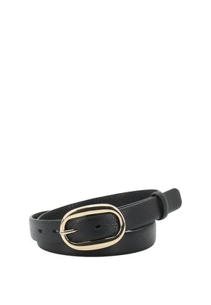 Black leather belt with a textured finish, featuring a smooth, oval gold-tone buckle and multiple holes for size adjustment.