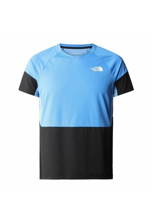 T-shirt sportiva a maniche corte con parte superiore azzurra e inferiore nera, con logo The North Face sul petto sinistro.