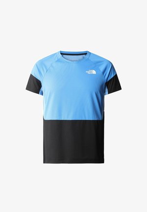 T-shirt de sport à manches courtes avec haut bleu clair et bas noir, avec le logo The North Face sur la poitrine gauche.