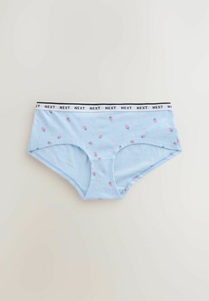 Svetle modré bavlněné hipster kalhotky s černobílým pasem s nápisem "NEXT" a vzorem růžových jahod a puntíků.