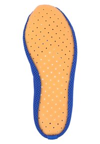 Schaum-Innensohle mit einer perforierten orangen Oberfläche und einem blauen Netzrand, entworfen für Atmungsaktivität und Dämpfung.