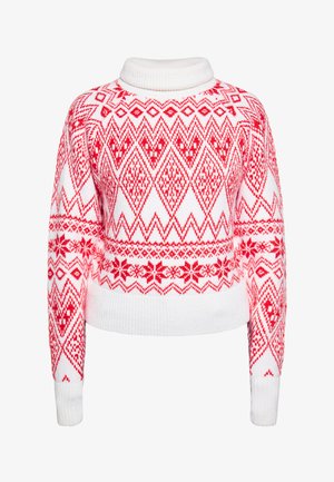 Roter und weißer gestrickter Pullover mit hohem Kragen und geometrischen Mustern, einschließlich Diamanten und Schneeflocken, mit geripptem Saum und Bündchen.