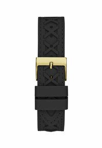 Schwarzes Gummiband mit einem strukturierten Design, das geometrische Muster aufweist. Eine goldene Metallschnalle und Akzente sorgen für einen Kontrast.