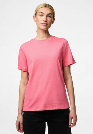 Short-sleeve, crew neck t-shirt made from soft pink cotton fabric with a smooth texture and a relaxed fit, displayed on a neutral backdrop.