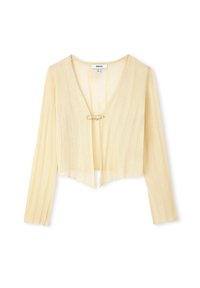 Cardigan giallo, corto, realizzato in tessuto leggero e testurizzato con righe verticali. Presenta un profondo scollo a V e una piccola chiusura decorativa sul davanti.