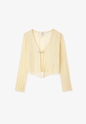 Gelber, taillierter Cardigan aus leichtem, strukturiertem Stoff mit vertikalen Streifen. Mit einem tiefen V-Ausschnitt und einem kleinen dekorativen Verschluss an der Vorderseite.