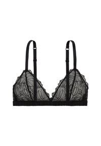 Bralette en dentelle noire avec motif floral, bonnets triangulaires, bretelles réglables et bande plissée. Texture transparente avec bords festonnés.