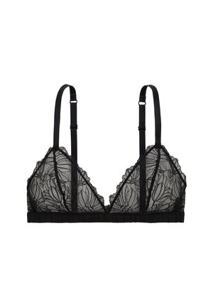 Bralette en dentelle noire avec motif floral, bonnets triangulaires, bretelles réglables et bande plissée. Texture transparente avec bords festonnés.