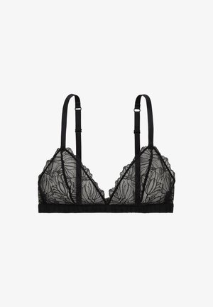 Bralette en dentelle noire avec motif floral, bonnets triangulaires, bretelles réglables et bande plissée. Texture transparente avec bords festonnés.