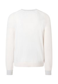 Weißer Strickpullover mit langen Ärmeln und rundem Hals. Verfügt über hellgraue Rippbündchen und eine glatte Oberfläche. Ansicht von hinten.