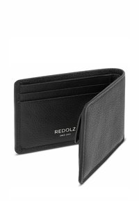 Zwarte leren bifold portemonnee met kaartvakken, gestructureerde afwerking en "REDOLZ SINCE 2007" geperst aan de binnenkant.