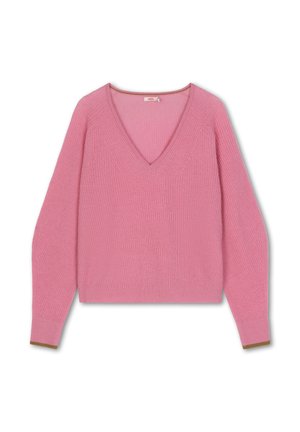 Roze gebreide trui met een V-hals, lange mouwen en geribbelde manchetten in een donkerdere tint aan de zoom. Heeft een zachte textuur en een casual pasvorm.