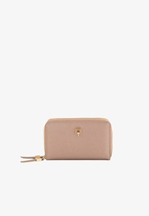 Beige synthetic wallet with a textured finish, zip closure, and gold-tone hardware. Features a small square logo on the front.