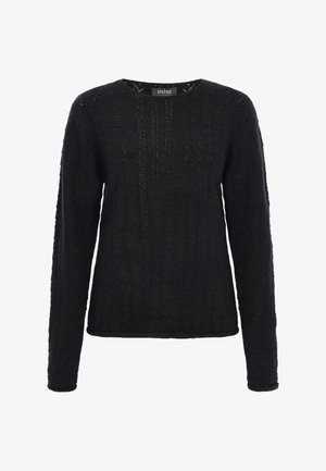 Schwarzer Pullover mit langen Ärmeln aus strukturiertem Strick, mit rundem Ausschnitt und Perlenakzenten auf der Vorderseite. Hat eine leicht lockere Passform.