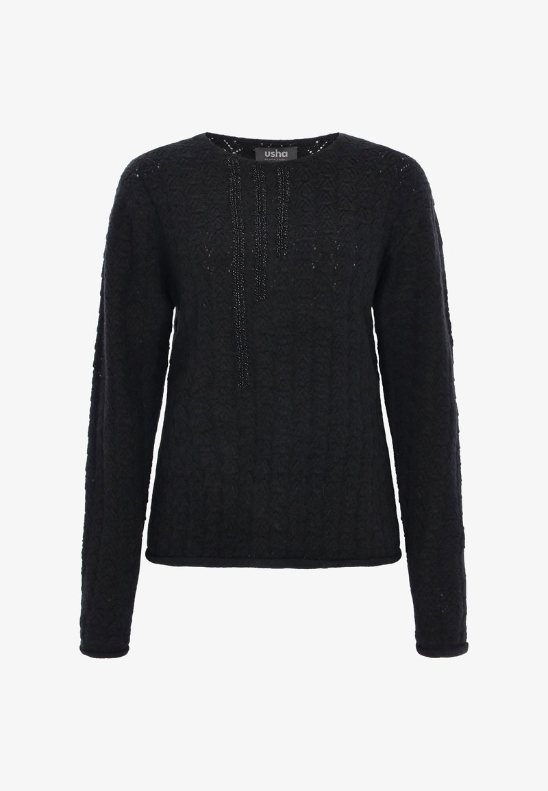 Schwarzer Pullover mit langen Ärmeln aus strukturiertem Strick, mit rundem Ausschnitt und Perlenakzenten auf der Vorderseite. Hat eine leicht lockere Passform.