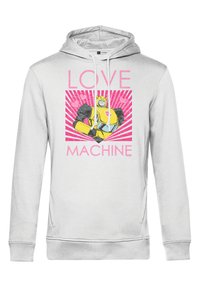 Jasnoszara bluza z kapturem ze sznurkiem, z rysunkową postacią w kolorze żółtym i czarnym, w towarzystwie różowego napisu "LOVE MACHINE" oraz tła.