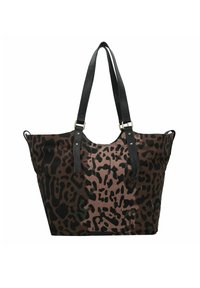 Grande borsa a tracolla in tessuto marrone con motivo a macchie di leopardo nere. Presenta manici in pelle nera e dettagli in metallo dorato.